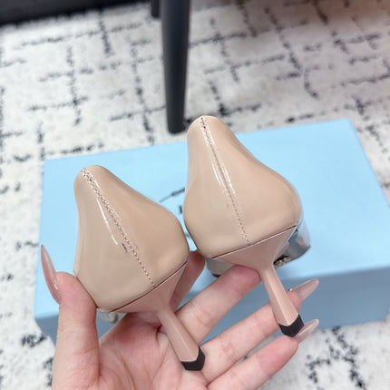 PRADA 26S POINTED-TOE HIGH HEELS 60MM IN BEIGE PATENT CALFSKIN WITH LOGO