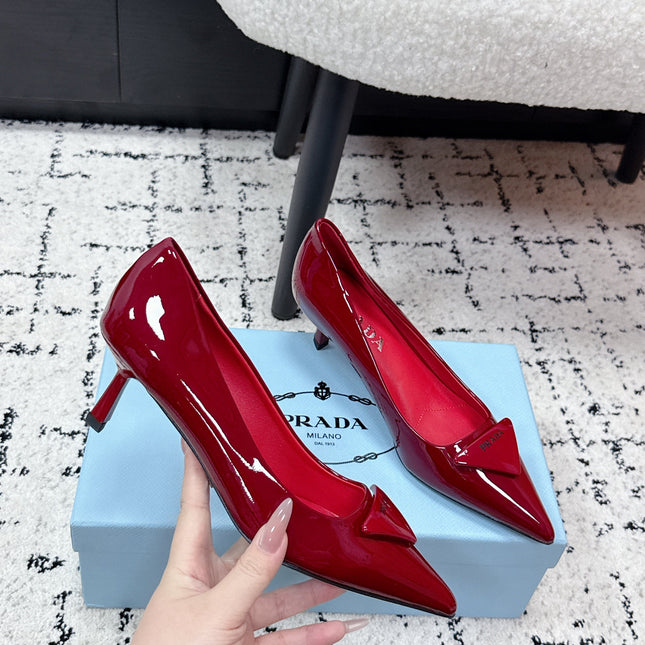 PRADA 26S POINTED-TOE HIGH HEELS 60MM IN DARK RED PATENT CALFSKIN WITH LOGO