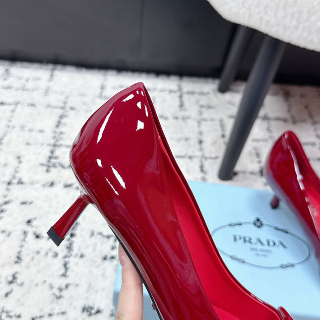 PRADA 26S POINTED-TOE HIGH HEELS 60MM IN DARK RED PATENT CALFSKIN WITH LOGO