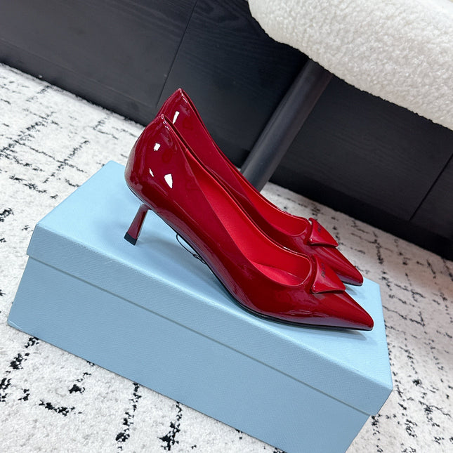 PRADA 26S POINTED-TOE HIGH HEELS 60MM IN DARK RED PATENT CALFSKIN WITH LOGO