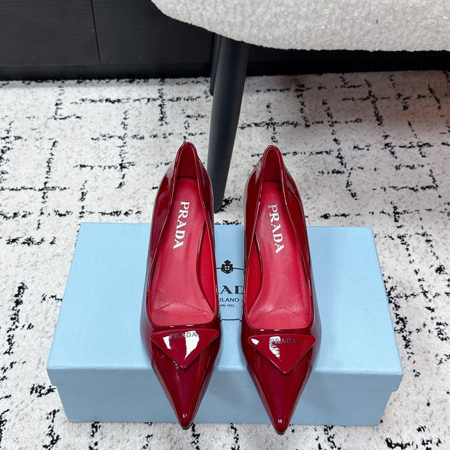 PRADA 26S POINTED-TOE HIGH HEELS 60MM IN DARK RED PATENT CALFSKIN WITH LOGO