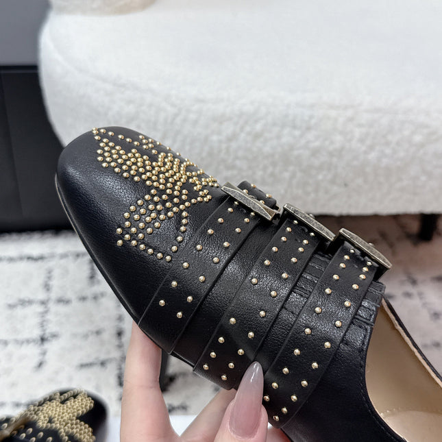 CHLOÉ 26S FLAT SHOES IN BLACK CALFSKIN WITH METAL STUDS