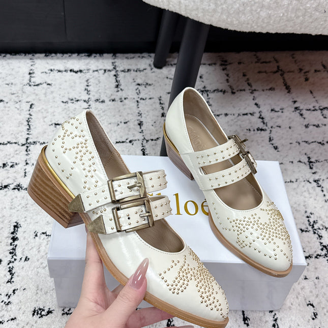 CHLOÉ 26S METAL STUD SHOES IN CREAM WHITE CALFSKIN