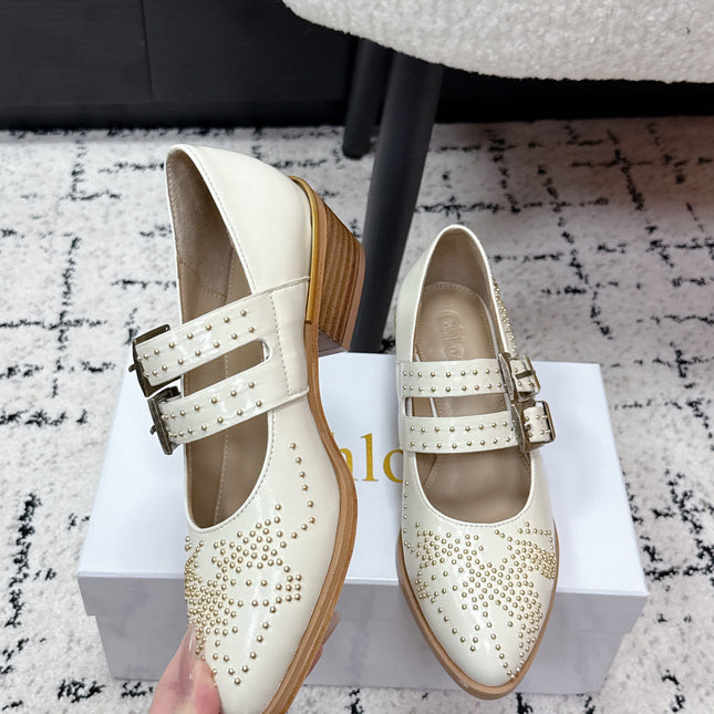 CHLOÉ 26S METAL STUD SHOES IN CREAM WHITE CALFSKIN