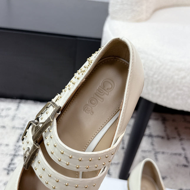 CHLOÉ 26S METAL STUD SHOES IN CREAM WHITE CALFSKIN