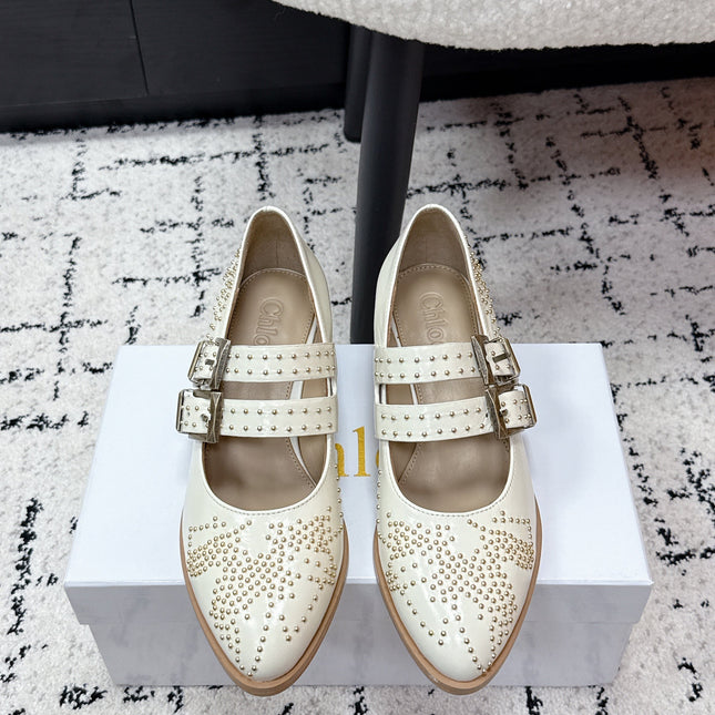 CHLOÉ 26S METAL STUD SHOES IN CREAM WHITE CALFSKIN