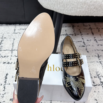 CHLOÉ 26S METAL STUD SHOES IN BLACK CALFSKIN