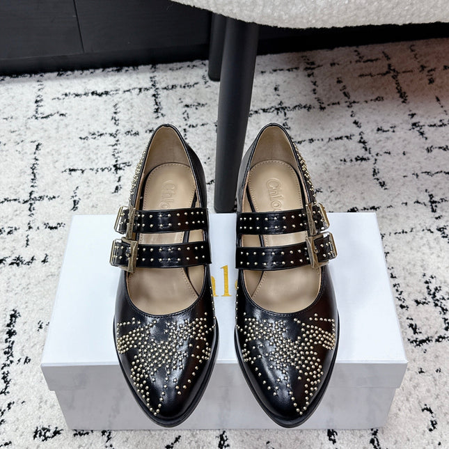 CHLOÉ 26S METAL STUD SHOES IN BLACK CALFSKIN