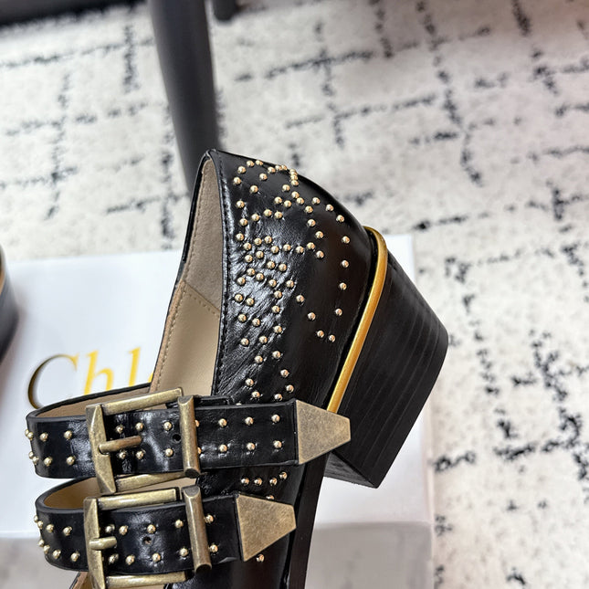 CHLOÉ 26S METAL STUD SHOES IN BLACK CALFSKIN