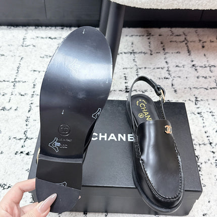 CHANEL 26S SLINGBACK LOAFERS IN BLACK PATENT CALFSKIN WITH CC LOGO