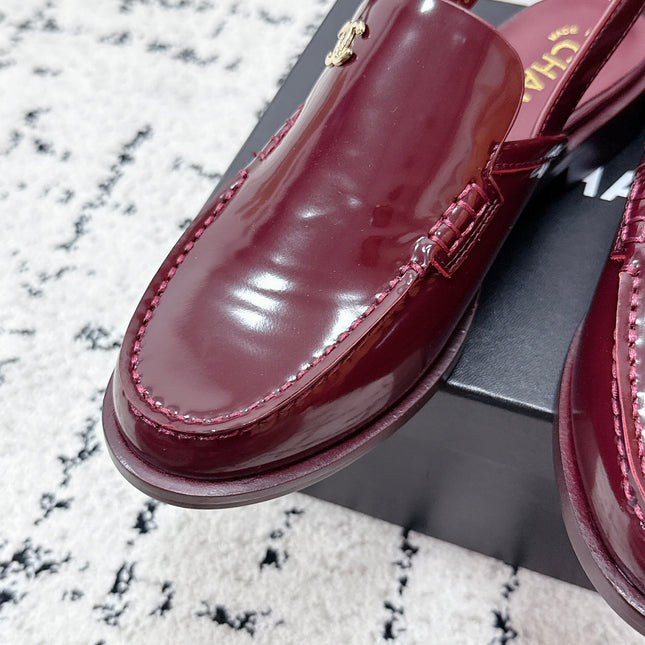 CHANEL 26S SLINGBACK LOAFERS IN BURGUNDY RED PATENT CALFSKIN WITH CC LOGO