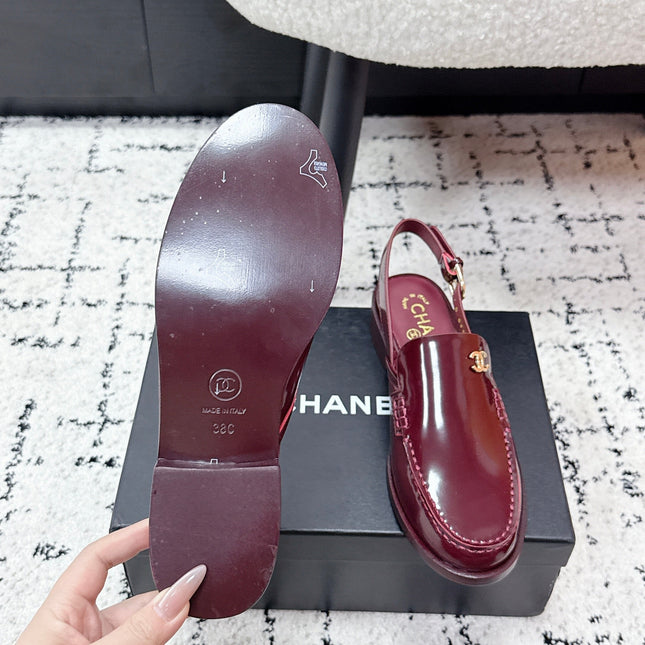 CHANEL 26S SLINGBACK LOAFERS IN BURGUNDY RED PATENT CALFSKIN WITH CC LOGO
