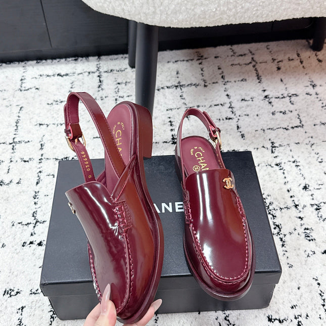 CHANEL 26S SLINGBACK LOAFERS IN BURGUNDY RED PATENT CALFSKIN WITH CC LOGO