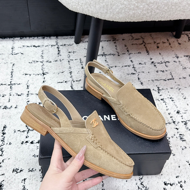 CHANEL 26S SLINGBACK LOAFERS IN LIGHT BROWN SUEDE WITH CC LOGO