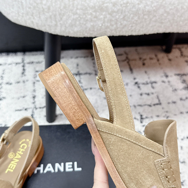 CHANEL 26S SLINGBACK LOAFERS IN LIGHT BROWN SUEDE WITH CC LOGO