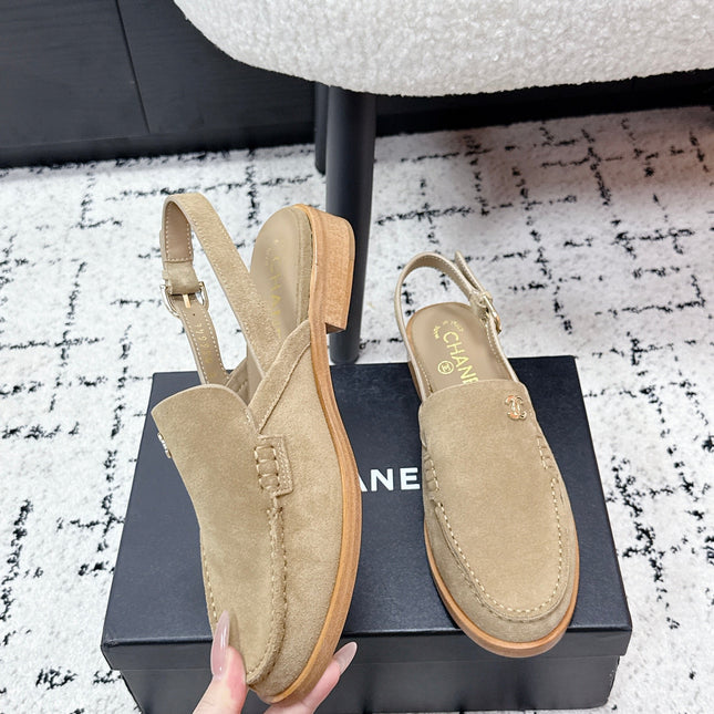 CHANEL 26S SLINGBACK LOAFERS IN LIGHT BROWN SUEDE WITH CC LOGO