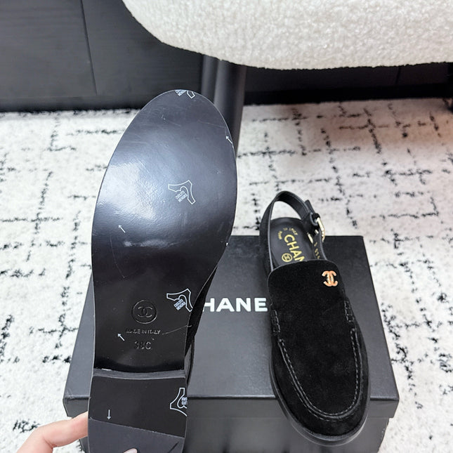 CHANEL 26S SLINGBACK LOAFERS IN BLACK SUEDE WITH CC LOGO