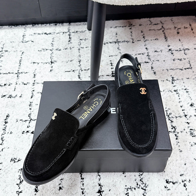 CHANEL 26S SLINGBACK LOAFERS IN BLACK SUEDE WITH CC LOGO