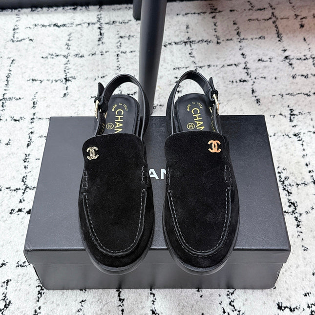 CHANEL 26S SLINGBACK LOAFERS IN BLACK SUEDE WITH CC LOGO