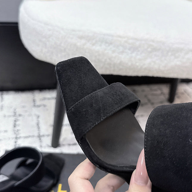 ALAIA 26S DOUBLE STRAP WEDGE SANDALS 95 MM IN BLACK SUEDE