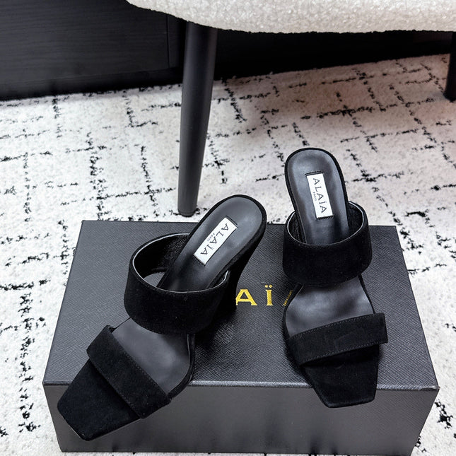 ALAIA 26S DOUBLE STRAP WEDGE SANDALS 95 MM IN BLACK SUEDE