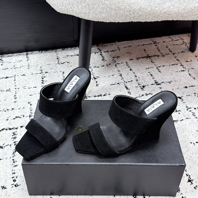 ALAIA 26S DOUBLE STRAP WEDGE SANDALS 110 MM IN BLACK SUEDE