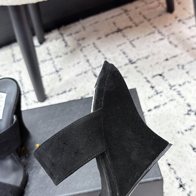 ALAIA 26S DOUBLE STRAP WEDGE SANDALS 70 MM IN BLACK SUEDE