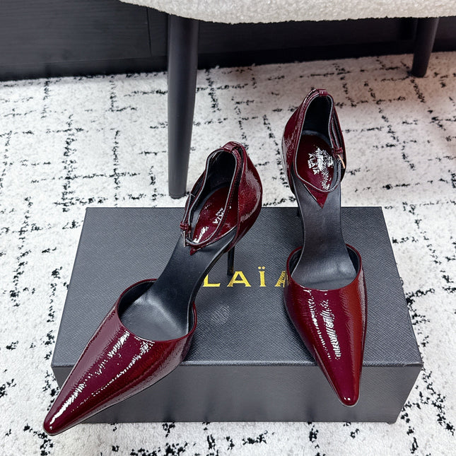 ALAIA 26S POINTED-TOE HEELS 90 MM IN DARK RED PATENT CALFSKIN