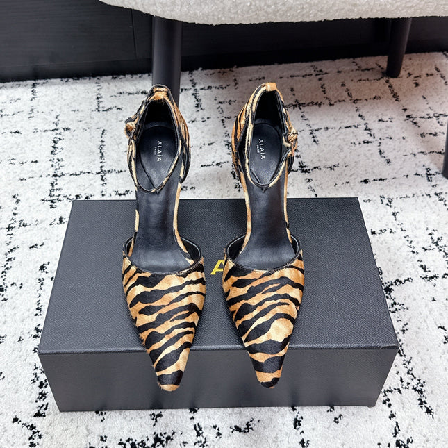 ALAIA 26S POINTED-TOE HEELS 90 MM IN TIGER PRINT PONY HAIR