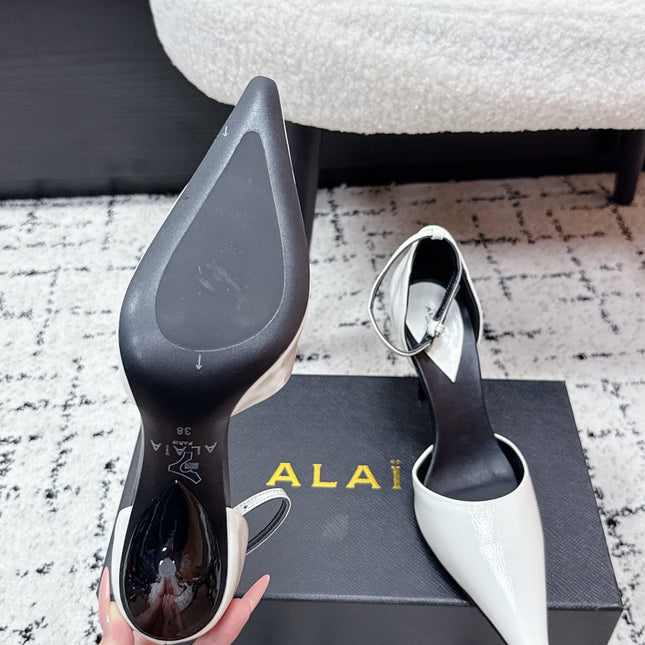 ALAIA 26S POINTED-TOE HEELS 90 MM IN WHITE PATENT CALFSKIN