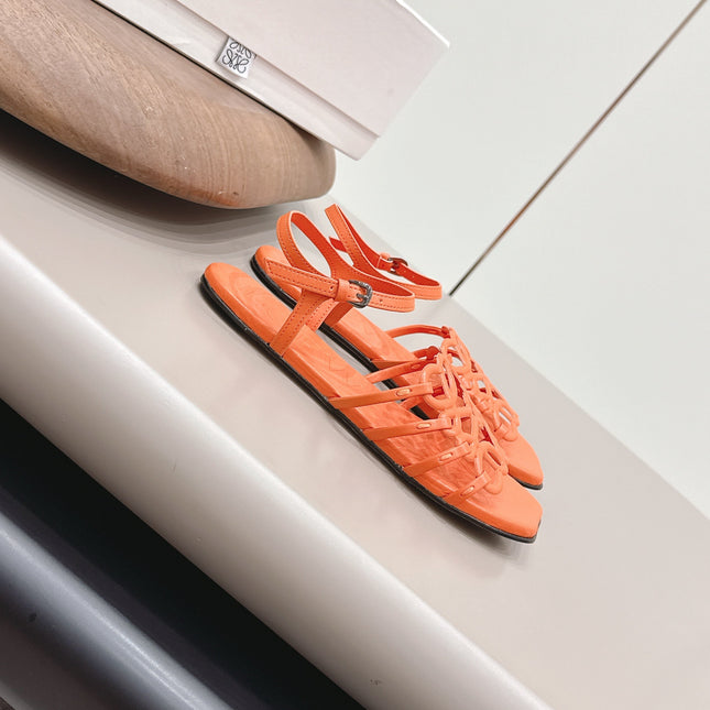 LOEWE 26S SQUARE TOE SANDALS IN ORANGE CALFSKIN LOGO