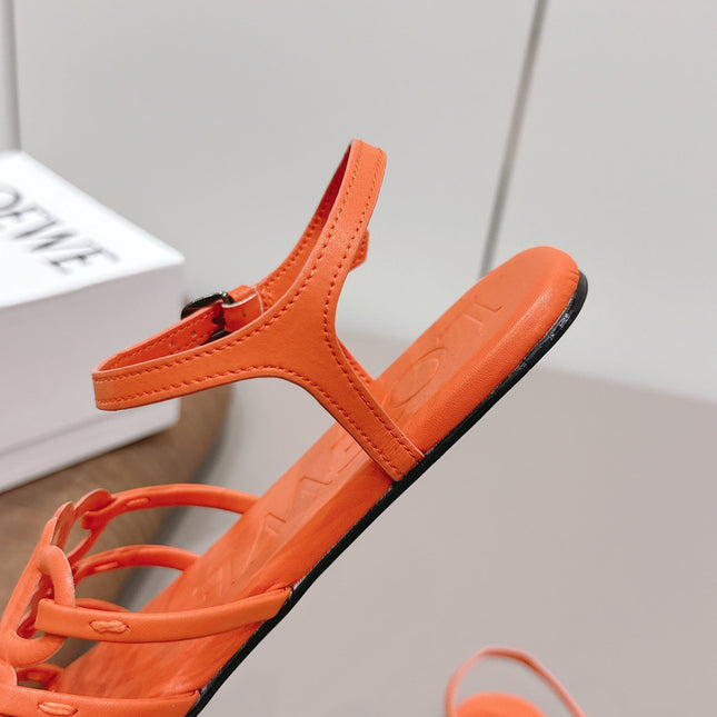 LOEWE 26S SQUARE TOE SANDALS IN ORANGE CALFSKIN LOGO