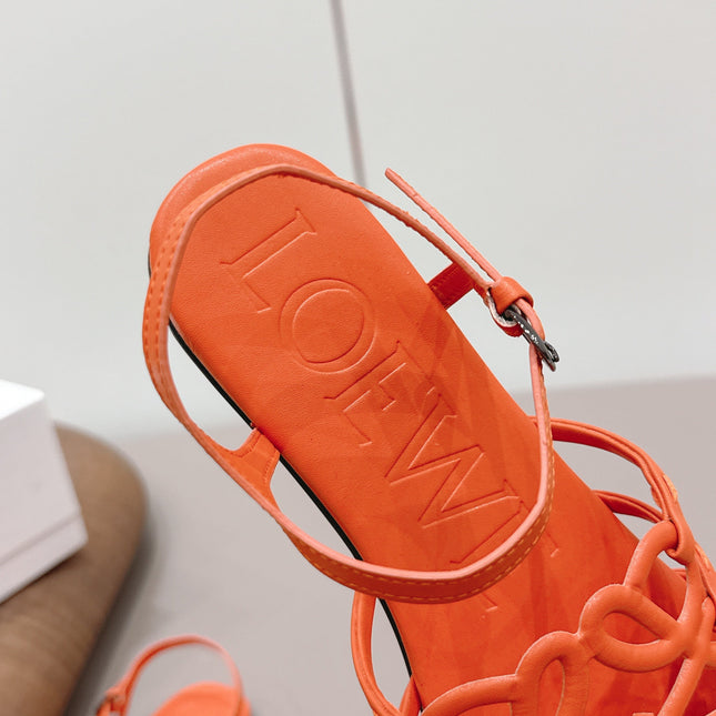 LOEWE 26S SQUARE TOE SANDALS IN ORANGE CALFSKIN LOGO