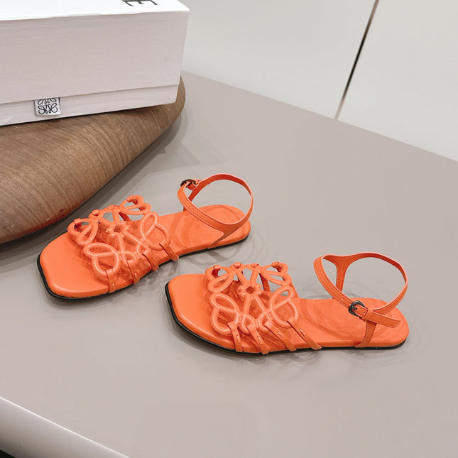 LOEWE 26S SQUARE TOE SANDALS IN ORANGE CALFSKIN LOGO