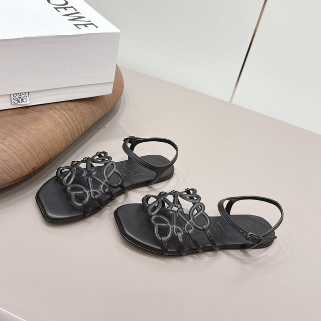 LOEWE 26S SQUARE TOE SANDALS IN BLACK CALFSKIN LOGO