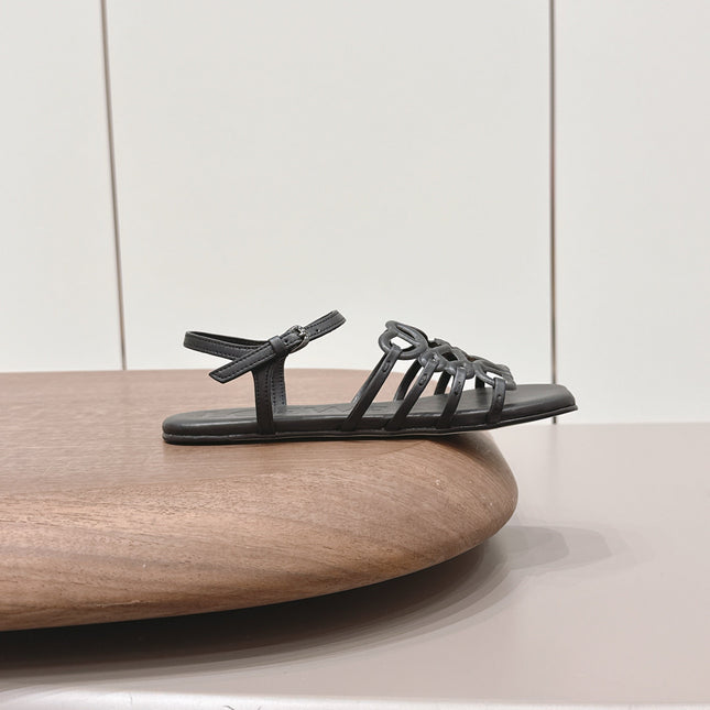 LOEWE 26S SQUARE TOE SANDALS IN BLACK CALFSKIN LOGO