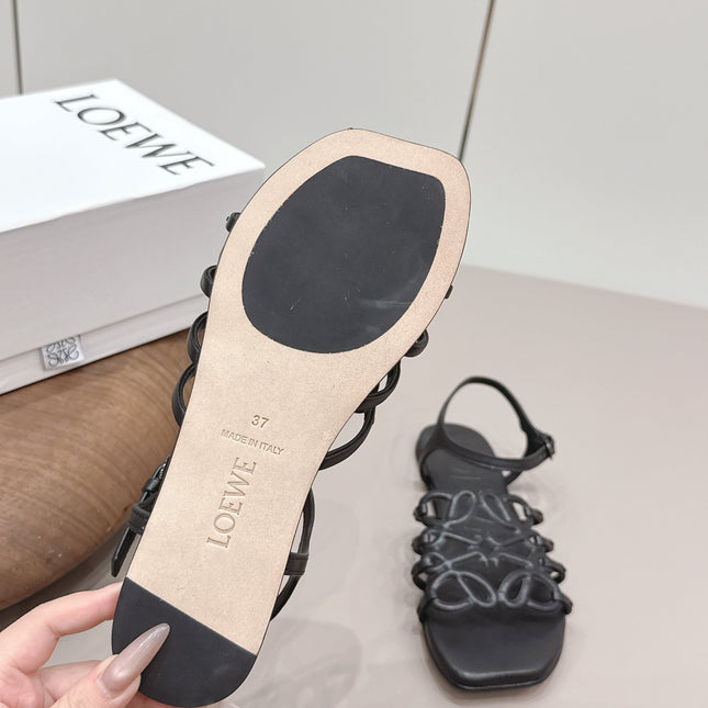 LOEWE 26S SQUARE TOE SANDALS IN BLACK CALFSKIN LOGO