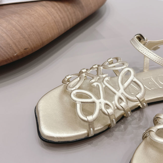 LOEWE 26S SQUARE TOE SANDALS IN GOLD CALFSKIN LOGO