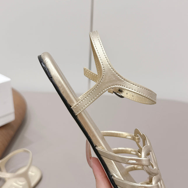 LOEWE 26S SQUARE TOE SANDALS IN GOLD CALFSKIN LOGO