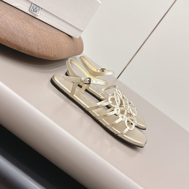 LOEWE 26S SQUARE TOE SANDALS IN GOLD CALFSKIN LOGO