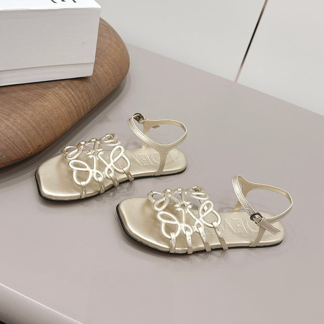 LOEWE 26S SQUARE TOE SANDALS IN GOLD CALFSKIN LOGO