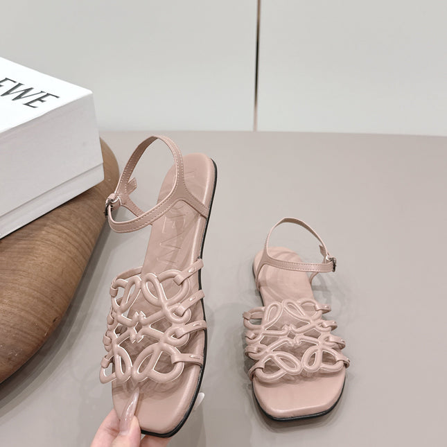 LOEWE 26S SQUARE TOE SANDALS IN PINK CALFSKIN LOGO