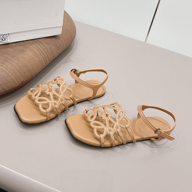 LOEWE 26S SQUARE TOE SANDALS IN LIGHT BROWN CALFSKIN LOGO