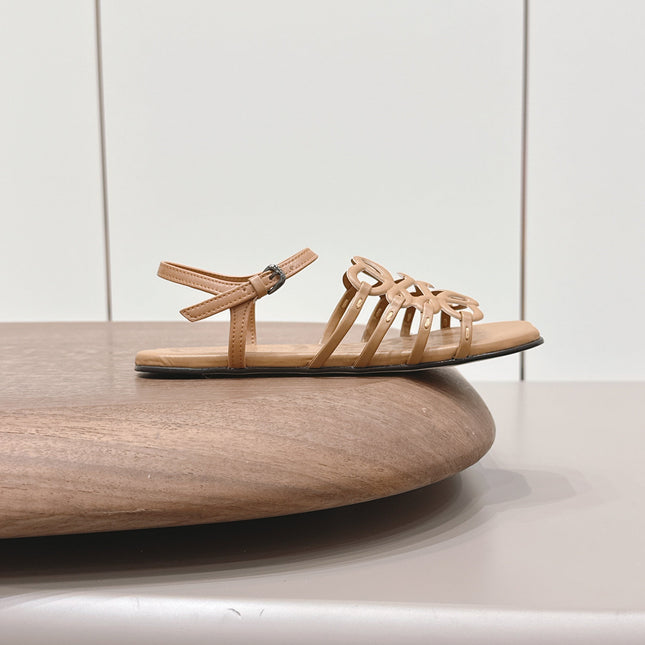 LOEWE 26S SQUARE TOE SANDALS IN LIGHT BROWN CALFSKIN LOGO