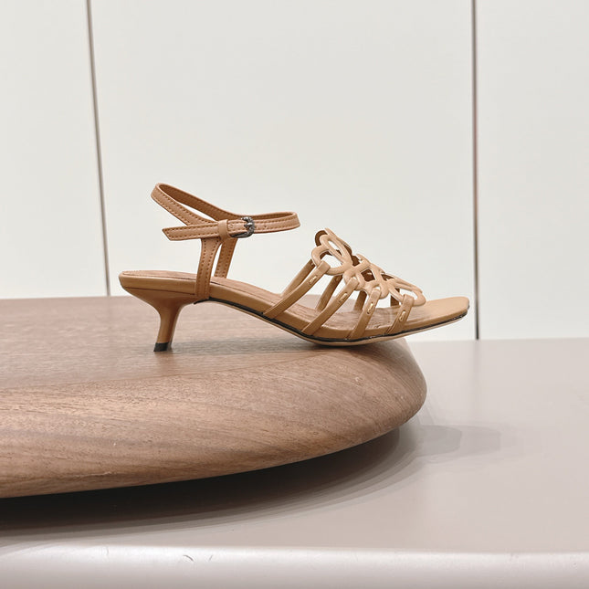LOEWE 26S SQUARE TOE HEEL SANDALS 50MM IN LIGHT BROWN CALFSKIN LOGO