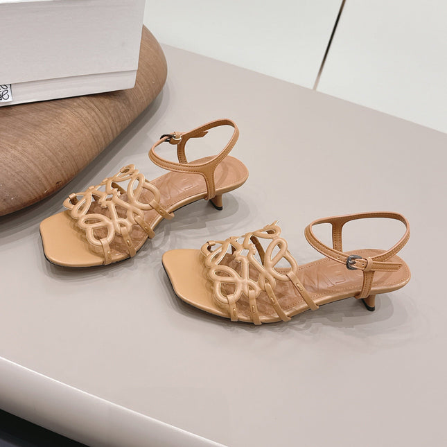 LOEWE 26S SQUARE TOE HEEL SANDALS 50MM IN LIGHT BROWN CALFSKIN LOGO