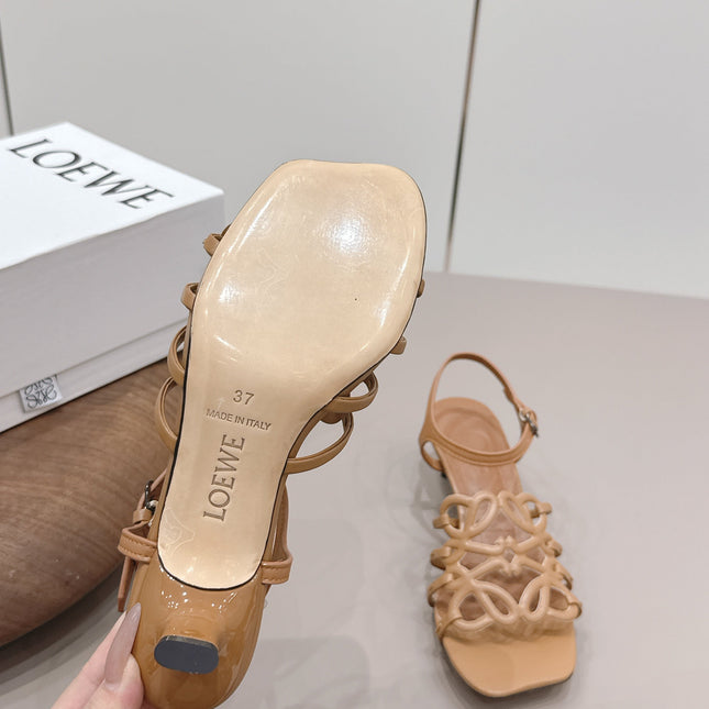 LOEWE 26S SQUARE TOE HEEL SANDALS 50MM IN LIGHT BROWN CALFSKIN LOGO