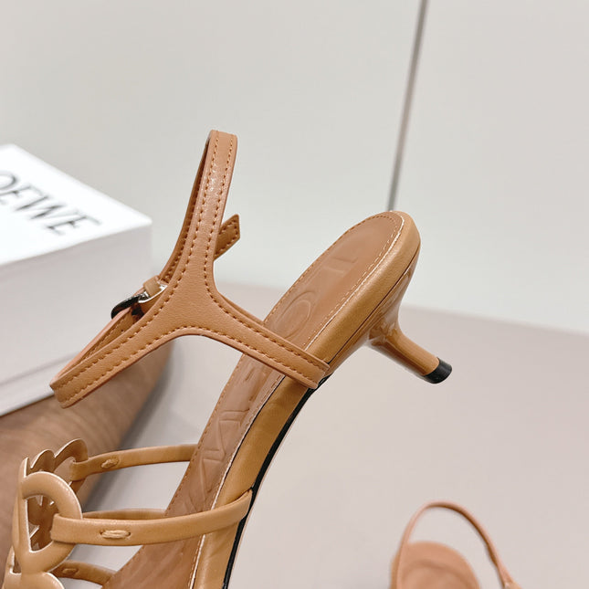 LOEWE 26S SQUARE TOE HEEL SANDALS 50MM IN LIGHT BROWN CALFSKIN LOGO