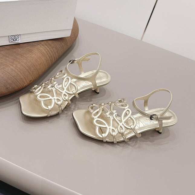 LOEWE 26S SQUARE TOE HEEL SANDALS 50MM IN GOLD CALFSKIN LOGO