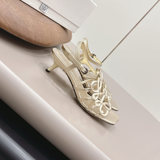 LOEWE 26S SQUARE TOE HEEL SANDALS 50MM IN GOLD CALFSKIN LOGO